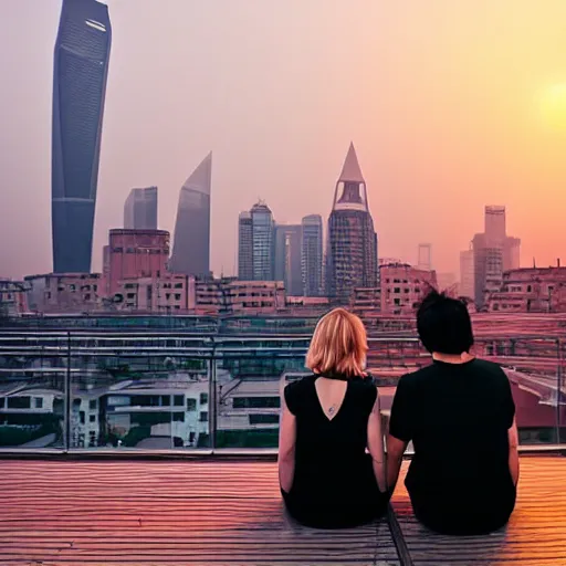 Prompt: a small rooftop with a couple of people sitting and watching the view, wearing black modern clothes, messy hair, modern shanghai bund in smog is on the background, sunset, pale colors, by gregory crewdson