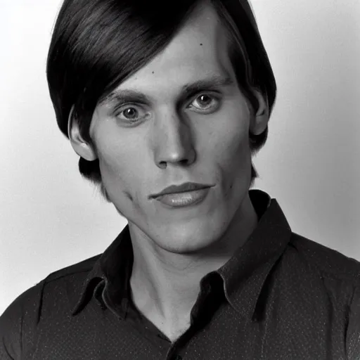 Image similar to A photograph portrait of Jerma985 with short-medium length hair a combover wearing early 1970s menswear in the early 1970s, taken in the early 1970s, grainy, taken on a 1970s Kodak Camera, realistic, hyperrealistic, very realistic, highly detailed, very detailed, extremely detailed, detailed, digital art, trending on artstation, colorized photo