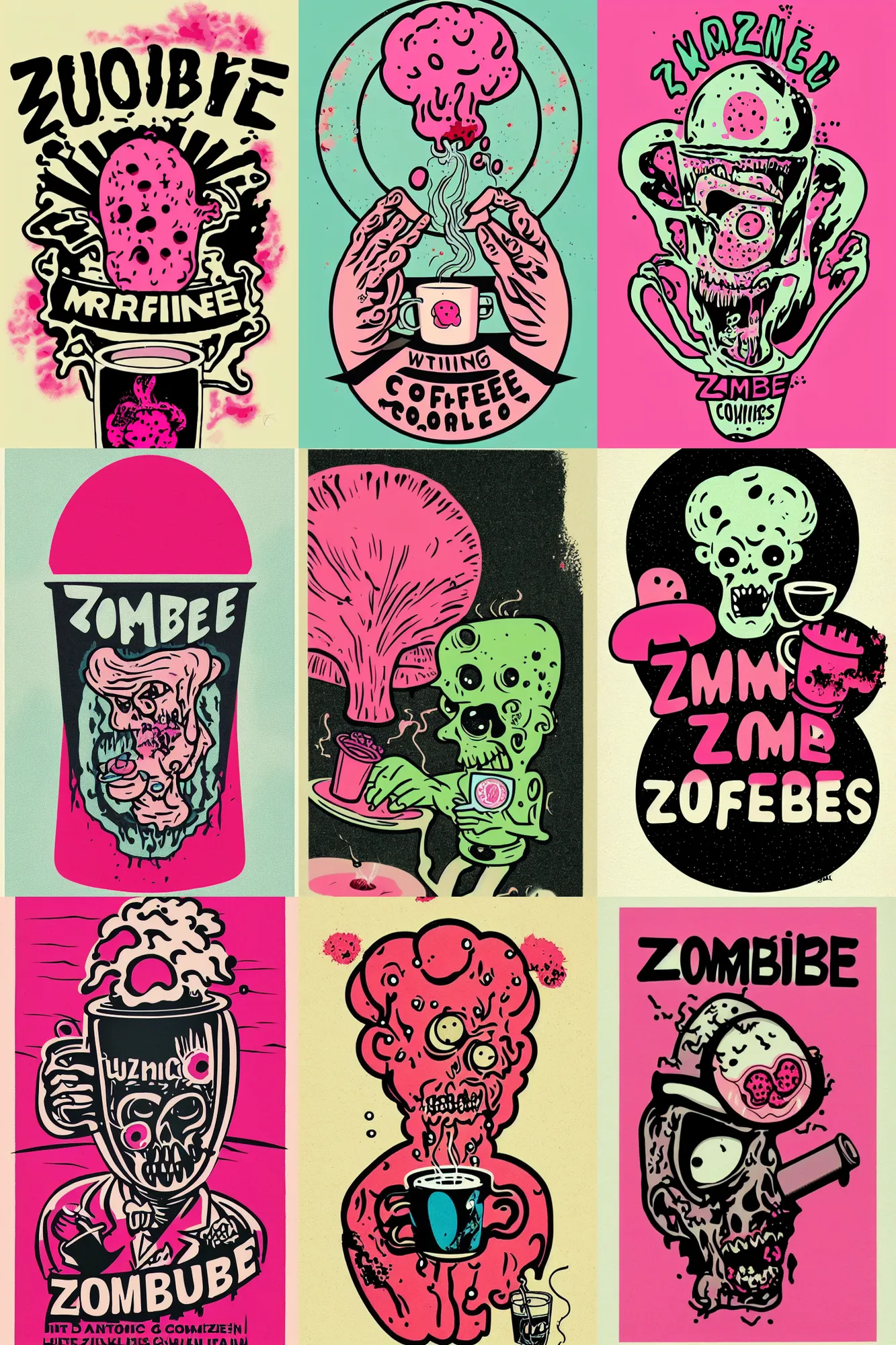 Prompt: zombie drinking coffee logo, pink atomic brain mushroom cloud, by mcbess, full colour print, vintage colours, 1950s