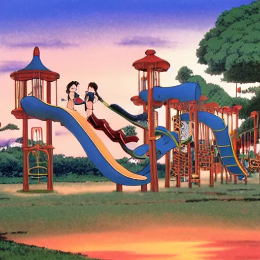 Prompt: Studio Ghibli enormous, never-ending playground of slides, swings, and many-storied playground equipment at dusk by Hayao Miyazaki and Thomas Kincade