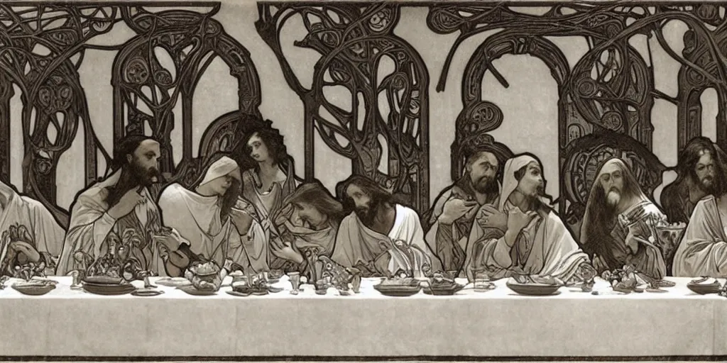 Prompt: the last supper,Alphonse Maria Mucha