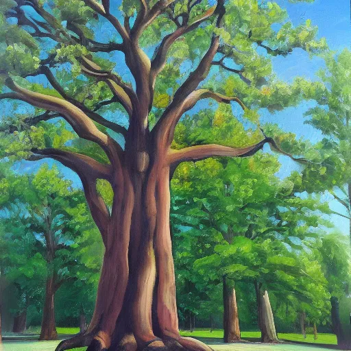 Image similar to a giant tree in the middle of a park, oil painting