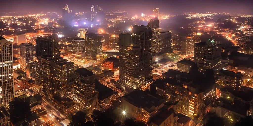 Prompt: atlanta georgia skyscrapers, night, fog, lights shining beams into fog,