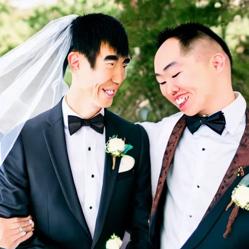 Image similar to cookie monster marries justin sun, professional gay wedding photography