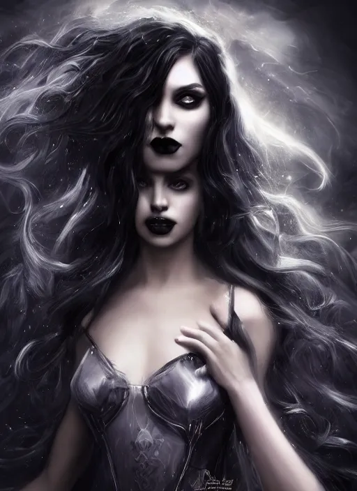 Image similar to 4k HD digital full body portrait, A gothic Luna goddess with long wavy hair made of shimmering-stardust, dark shadows, contrast, concept art, sharp focus, digital art, Hyper-realistic, 4K, Unreal Engine, Highly Detailed, Dramatic Lighting, Beautiful, by bastien lecouffe-deharme