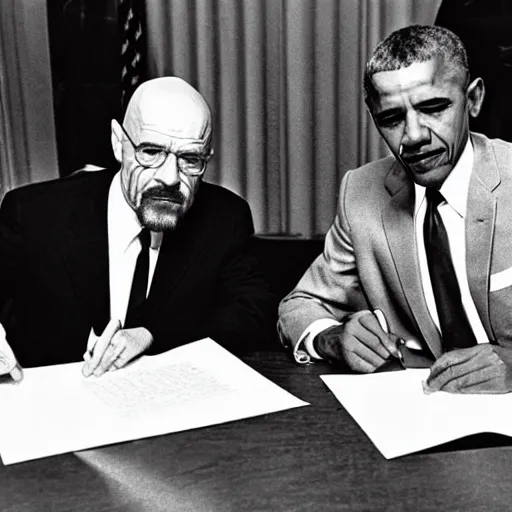 Prompt: Walter White and Barack Obama signing an agreement, 1967 photo