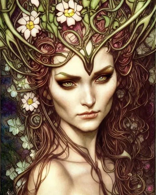 Image similar to elven woman, flowers in hair, fantasy character portrait, ultra realistic, concept art, intricate details, art nouveau, cinematic, highly detailed by boris vallejo, chris achilleos, arthur rackham