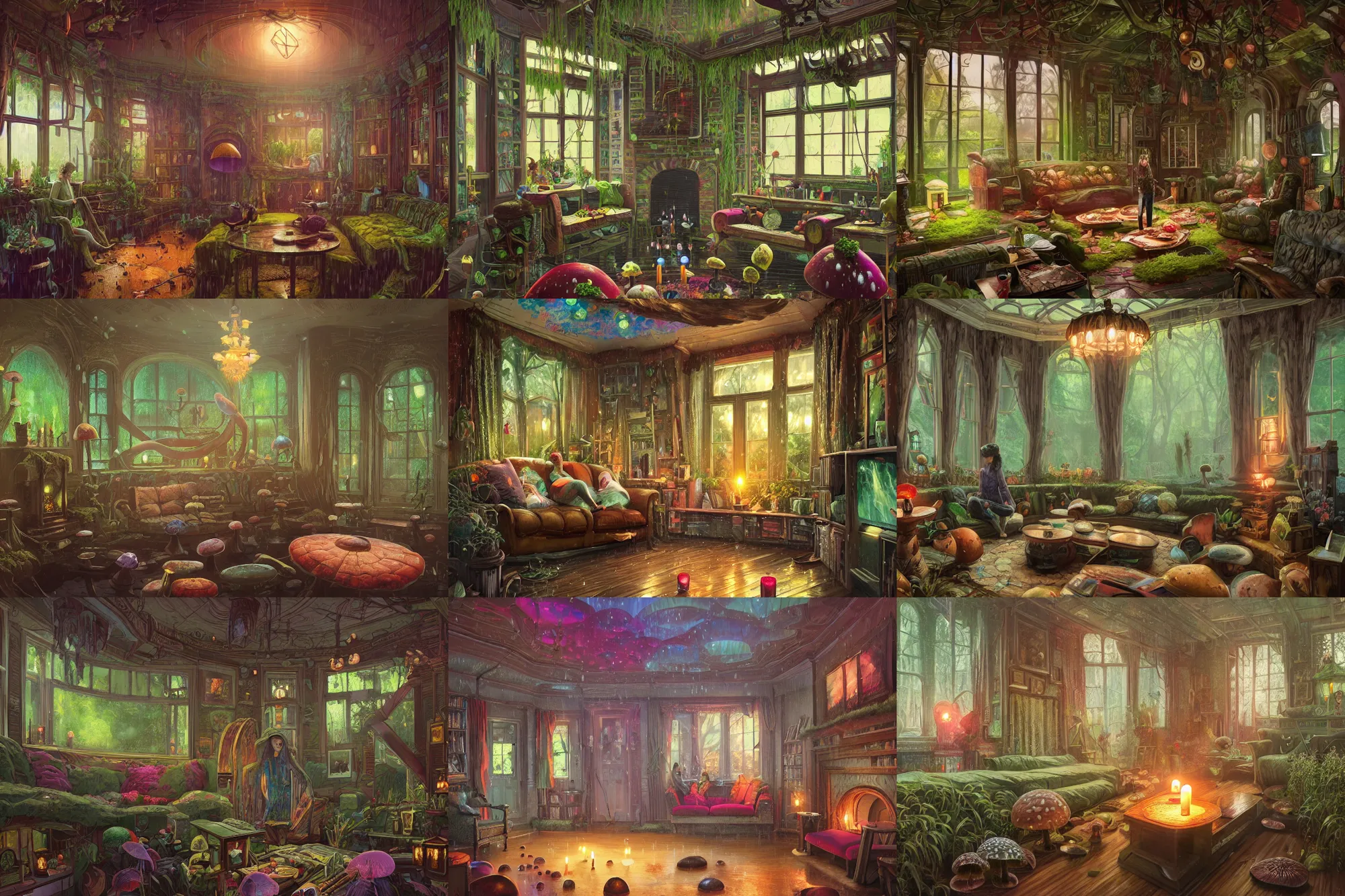 Prompt: interior of a Victorian house, heavy rain, big mushrooms, moss, candles, a beautiful painting, digital art, overdetailed art, concept art, detailed illustration, hd, 4k, digital art, highly saturated colors, Dan Mumford, Greg rutkowski, Victo Ngai