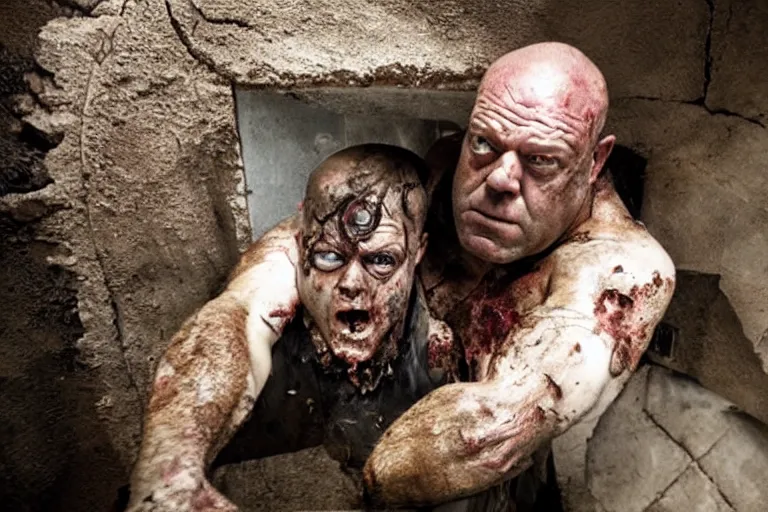 Prompt: zombie Dean Norris coming out of a tomb, movie still, photorealistic, clean composition, real shot