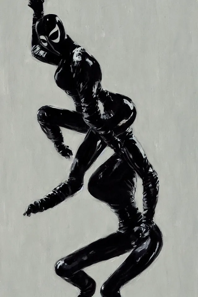 Prompt: painting of one ninja woman in a black latex suit by ashley wood