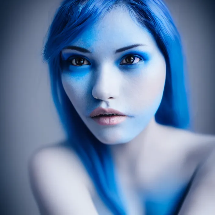 Prompt: photograph of a beautiful! woman with blue skin!!!!!!!!!!. extremely detailed. dslr. 5 0 mm.