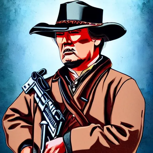 Image similar to a cowboy in the style of red dead redemption, steven seagal, donald trump, glory days, patriotism