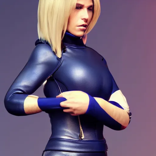 Image similar to beautiful blonde model, 2 arms, tight navy-blue leather outfit, full body and face and head, photorealistic, extreme detail, octane render, artstation, unreal engine