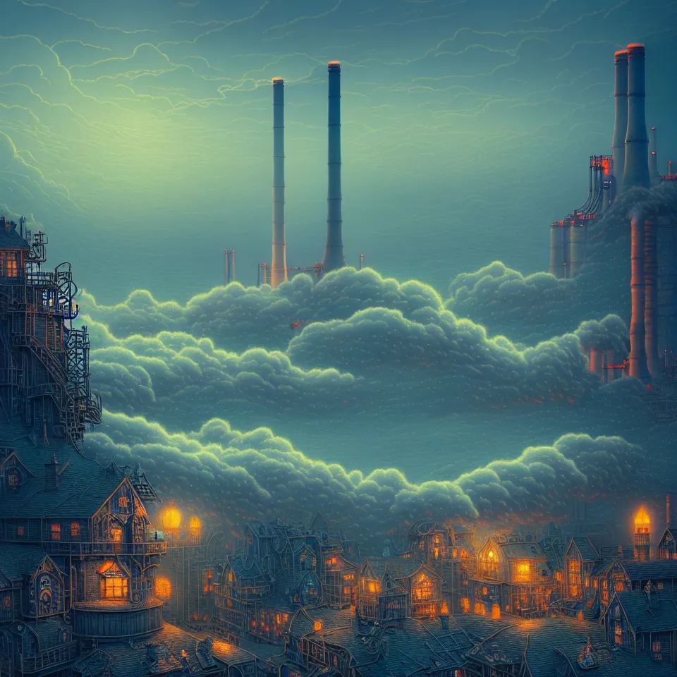 Prompt: a coal power plant spewing pollution in a stunning landscape by Joe Fenton, whimsical background by Thomas Kinkade, moody, dramatic, sharp, very detailed, intricate, wild, concept art, sharp focus, illustration, digital art, 8k, octane render, masterpiece, artstation, cgsociety, muted colors