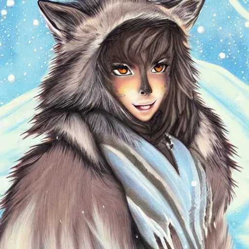 Prompt: aesthetic portrait commission of an anthro anthropomorphic wolf wearing a cute cozy soft pastel winter outfit winter Atmosphere. detailed, inked, western comic book art, award winning painting