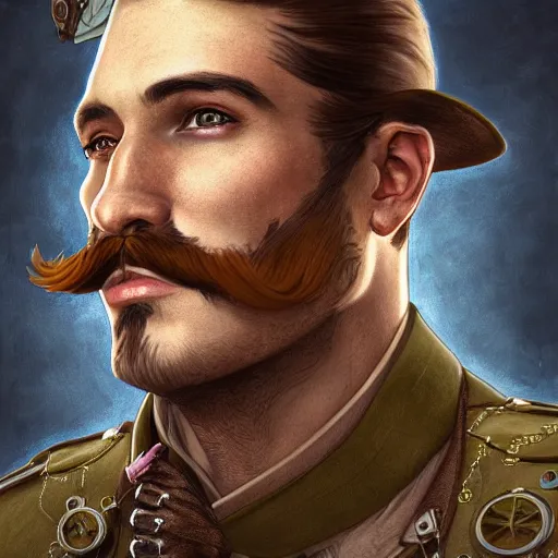 Image similar to Three quarters portrait of a male steampunk character with a moustache, highly detailed, digital painting, art by Stanley Lau and Artgerm and magali villeneuve and Alphonse Mucha, artstation, octane render, cgsociety