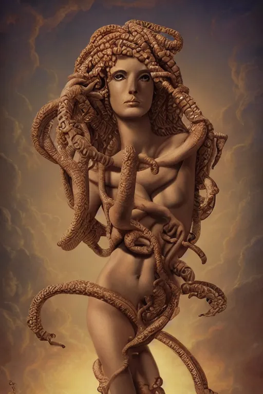 Prompt: harryhausen´s medusa fused with goddess venus, photo, portrait, 3d, renaissance, high details, intricate details, by vincent di fate, artgerm julie bell beeple, 90s, Smooth gradients, octane render, 8k, High contrast, duo tone, depth of field, very coherent symmetrical artwork