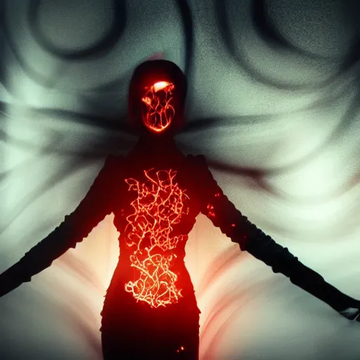 Image similar to Woman made of black flames, wearing a strict business suit, with no face, with glowing red eyes, with a red halo over her head, with red halo glowing out of her wrists, looking off to the side, growing out of a giant rose, rose petals flying in the wind, war, authoritarian, tense, madness combat, strong dramatic cinematic lighting , blood red sky, grey skin, smooth, sharp focus, extremely detailed, illustration, digital painting, artstation, indieground, sharp focus, by Godmachine, alphonse mucha''