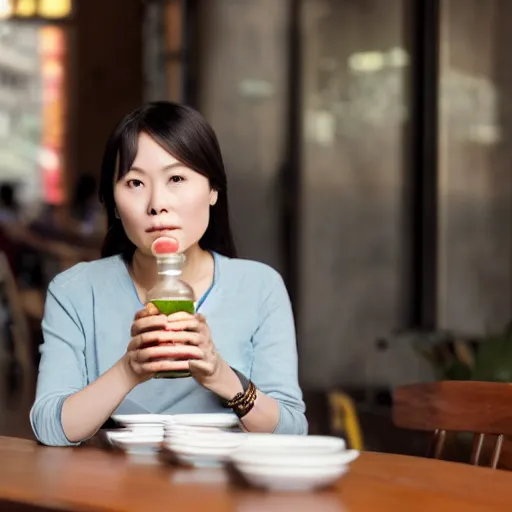 Image similar to chinese woman sitting at a table drinking juice out of a mason jar, award-winning, volumetric lighting, 8k, 4k, highly detailed, cinematic