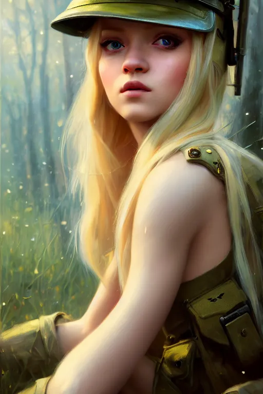 Image similar to cinematic shot of an epic portrait of a cute blonde fairy dressed in military clothes, stylised military clothes, shiny skin, beautiful eyes, beautiful, small details, night setting, realistic poster with volumetric light from jeremy lipkin and michael garmash, craig mallism, artgerm, unreal engine, radiant light, digital art, trends at art station, a masterpiece