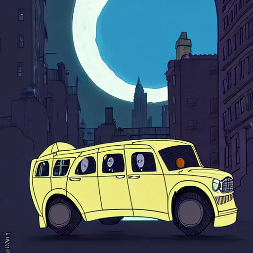 Image similar to a study of cell shaded cartoon limousine from howl's moving castle ( 2 0 0 4 ) on the streets of nyc, in front of a big moon, full body, wide shot, very muted colors, post grunge, studio ghibli, laurie greasley, highly detailed, deviantart, art by artgem