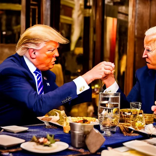 Image similar to Trump and Biden having dinner at a fancy Balinese restaurant, award winning photography, 85mm, perfect faces, zoom