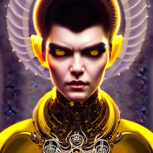 Image similar to woman with extremely large and intricate haircut with angry yellow eyes and slim features looking askance, eye cyberpunk bionics, retro futurist style, intricate, elegant gleaming intricate baroque jewelry, angelic halo, highly detailed, digital painting, artstation, concept art, smooth, sharp focus, illustration, art by wlop, mars ravelo and greg rutkowski,