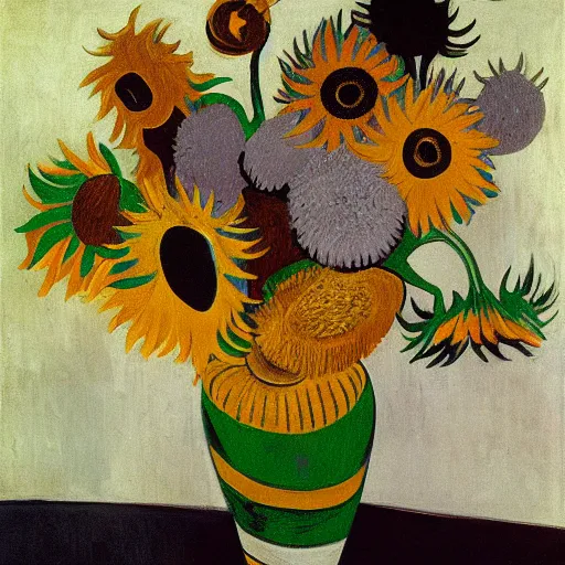 Prompt: an abstract painting of a vase with sunflowers by pablo picasso, vincent van gogh, black and white