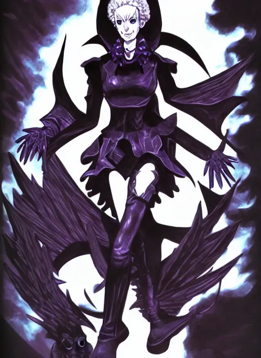 Image similar to shin megami tensei art of a demon called margaret thatcher, art by kazuma kaneko, demonic! compedium!, digital drawing, law - alligned, white background, high quality, highly detailed