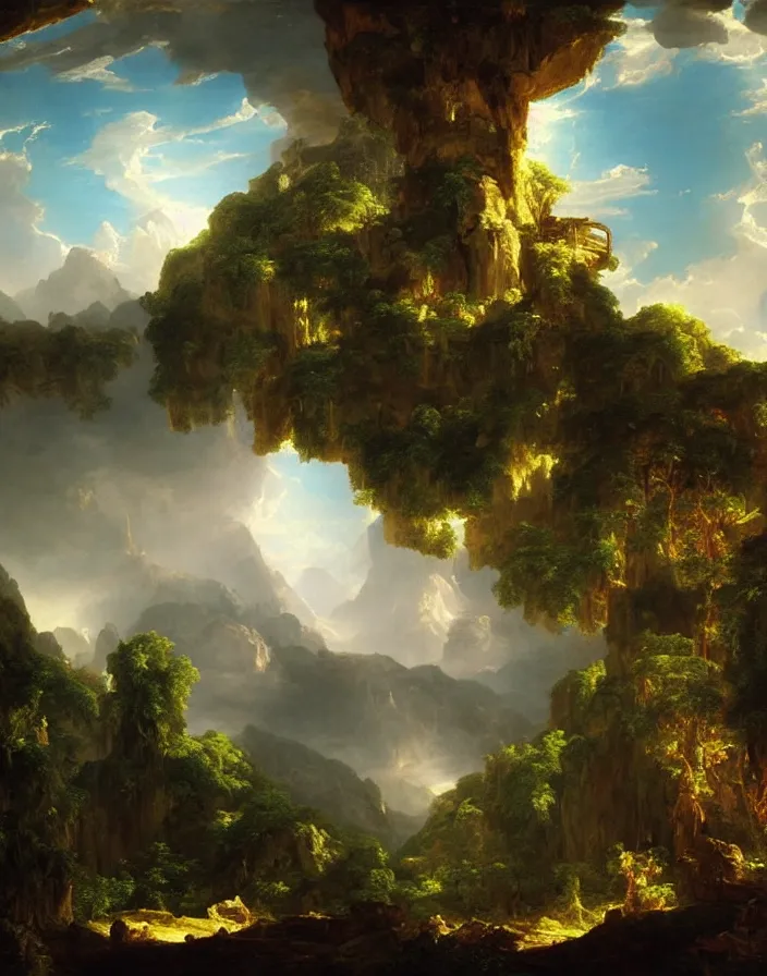 Prompt: an ancient temple lost in a gigantic forest by thomas cole, painting, epic clouds formation, cinematography, epic lighting,