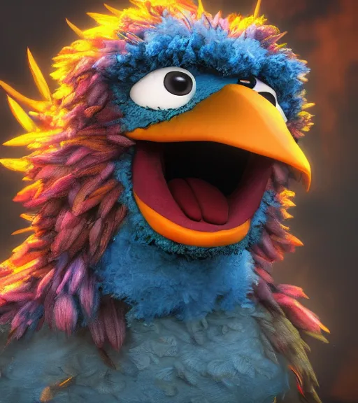 Prompt: an epic fantasy comic book style portrait painting of an extremely cute and adorable very beautiful big bird muppet, unreal 5, daz, hyperrealistic, octane render, cosplay, rpg portrait, dynamic lighting, intricate detail, summer vibrancy, cinematic