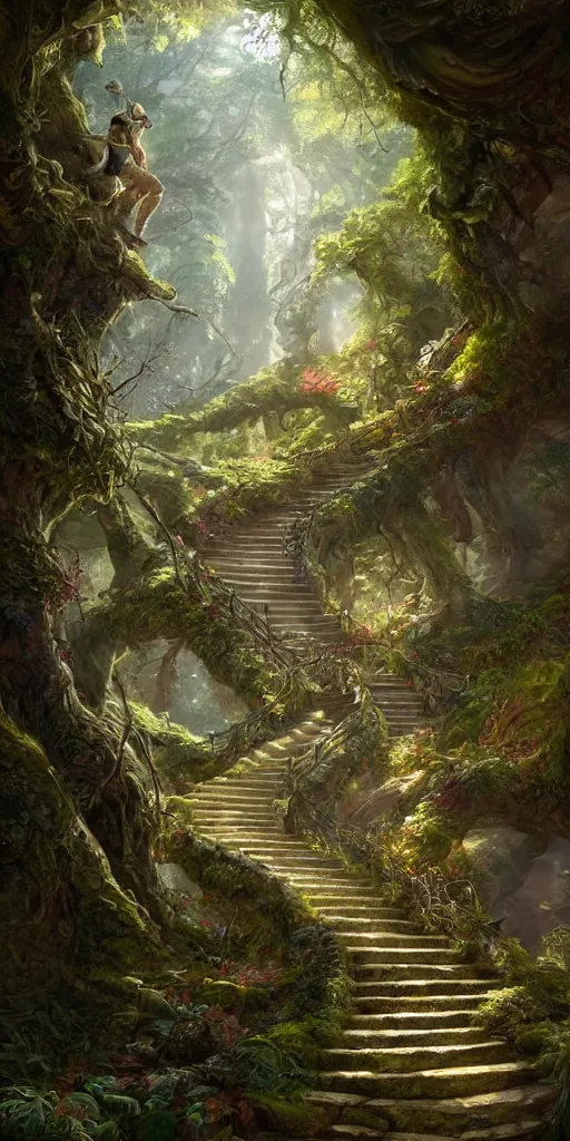 Image similar to a man walking up a steep and winding staircase, in magical woods, intricate, elegant, highly detailed, unreal engine, artstation, concept art, sharp focus, beautiful illustration, society, by justin gerard and artgerm, 8 k