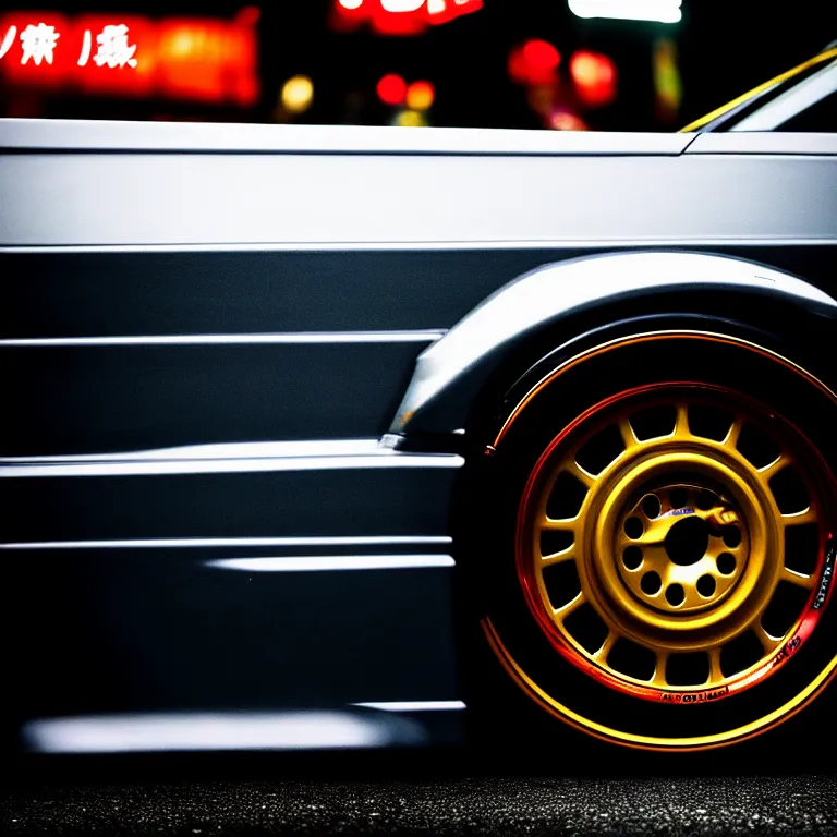 Image similar to close-up-photo JZX100 turbo illegal night meet, work-wheels, Shibuya shibuya, roadside, cinematic color, photorealistic, deep dish wheels, highly detailed, custom headlights