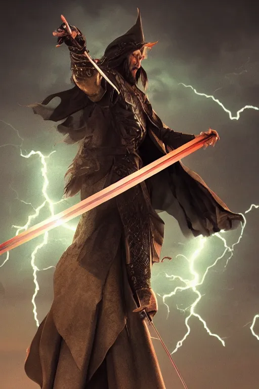 Prompt: wizard holding a sword that’s pointed towards the sky, getting shocked by lightning, octane, trending on artstation, hyper realistic, highly detailed