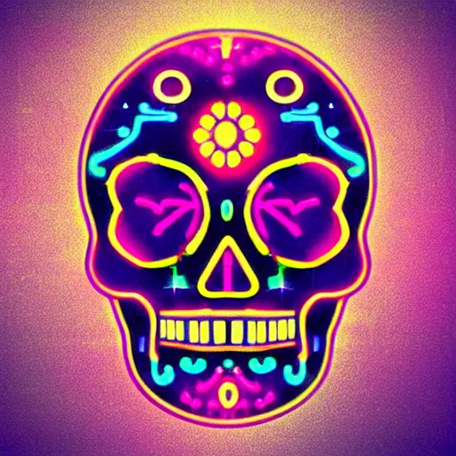 Prompt: “sugar skull made of chrome, neon lighting, digital art”