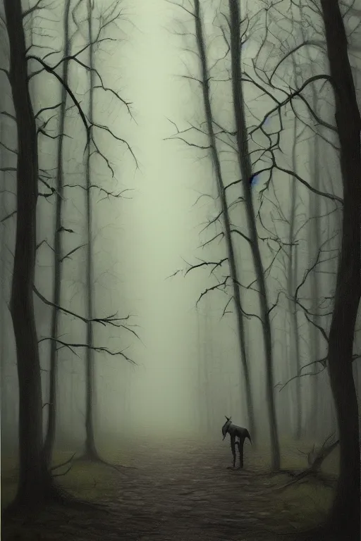 Prompt: dark and spooky woods. atmospheric, foggy, oil painting on canvas. fairytale. with a werewolf standing there