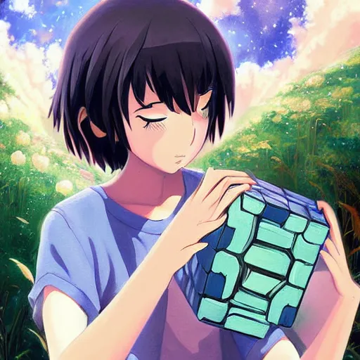 Prompt: beautiful detailed painting of companion - cube!!!!!!!!, anime, studio ghibli, makoto shinkai, rhads, radiant light, 4 k