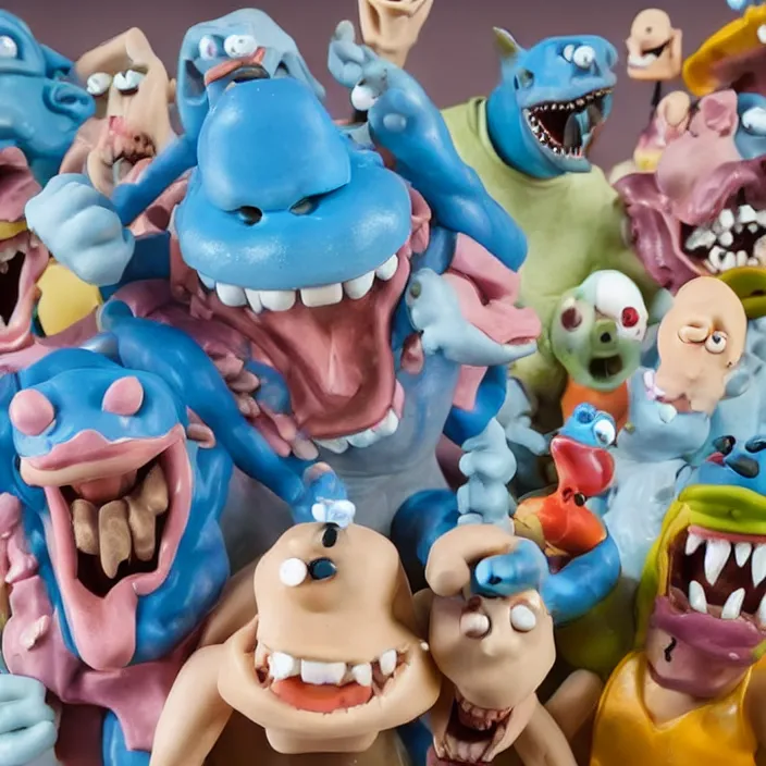 Image similar to jeff koons style street sharks in wallace & gromit claymation