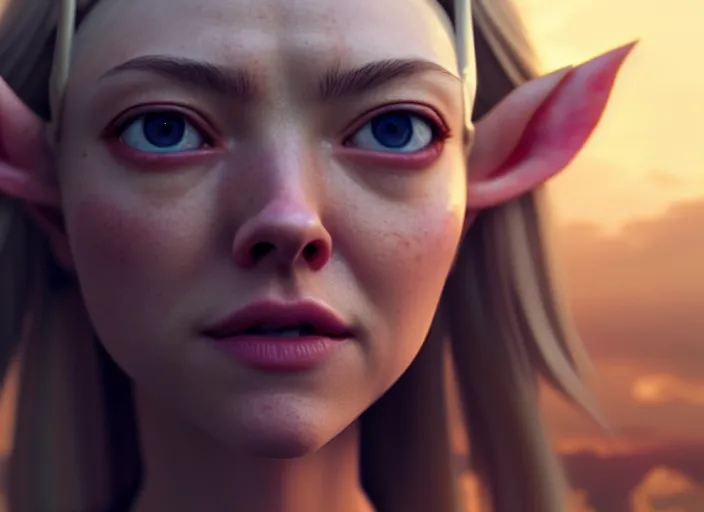 Image similar to a film still portrait of amanda seyfried elven archer, finely detailed features, closeup of face, cinematic lighting, perfect art, night cyberpunk city, intricate, anime, gapmoe grimdark, artstation, trending on pixiv fanbox, painted by greg rutkowski makoto shinkai takashi takeuchi studio ghibli, akihiko yoshida, 4 k