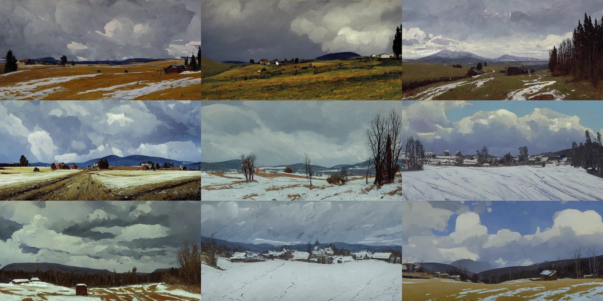 Prompt: painting in the style of Isaac Levitan, Savrasov, arkhip kuindzhi, T Allen Lawson and Ian Fisher and sidney richard percy, wide river and tiny house on the top of the hill, early spring mood, snowy scenery, dream heavenly cloudy sky, horzon, hurricane stromy clouds, roads among fields, Alpes, small village, forests and low mountains at sunset sunrise, volumetric lighting, very beautiful scenery, pastel colors, ultra view angle view