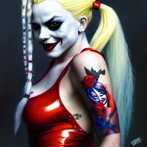 Prompt: portrait of flawless beautiful harley quinn with blonde and red dreadlocks, dark, piercing eyes, exotic expression, esoteric clothing, photorealistic, highly detailed, mysterious lighting, artstation, smooth, sharp focus, art by michael whelan, artgerm, greg rutkowski and luis royo