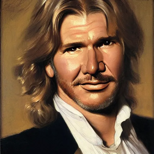 Image similar to a beautiful portrait of Harrison ford with long golden blond hair gazing warmly at the viewer, golden hour, by J.C Leyendecker and Peter Paul Rubens