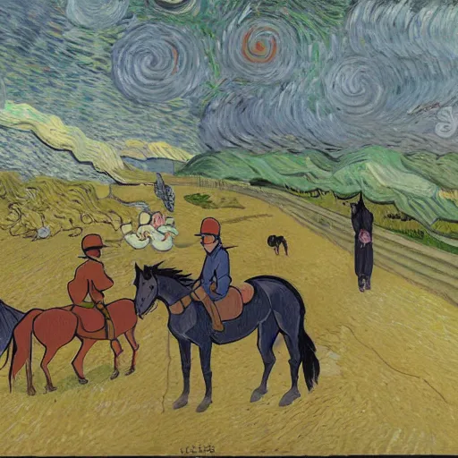 Image similar to painting of a tragic somber horse funeral, in the style of studio ghibli and moebius and vincent van gogh