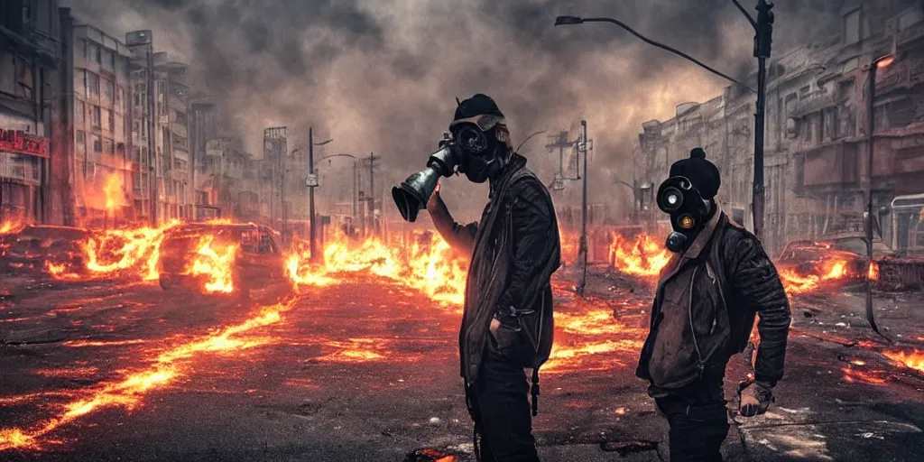 Prompt: post - apocalyptic city streets, close - up shot of an anarchist with a gasmask, burning cars, explosions, acid color smoke, hyperrealistic, gritty, damaged, urban photography, photorealistic, high details