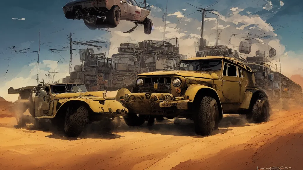 Image similar to digital illustration of mad max's fj 4 0 pursuit special, the last v 8 interceptor driving down a deserted cyberpunk highway in the middle of the day by studio ghibli, anime style, by makoto shinkai, ilya kuvshinov, lois van baarle, rossdraws, basquiat