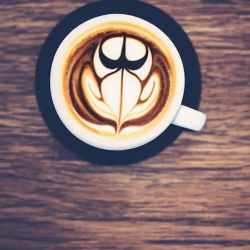 Prompt: cup of coffee, latte art of spider - man face, photo real, warm lighting, coffee shop background, zoomed in on top of cup.