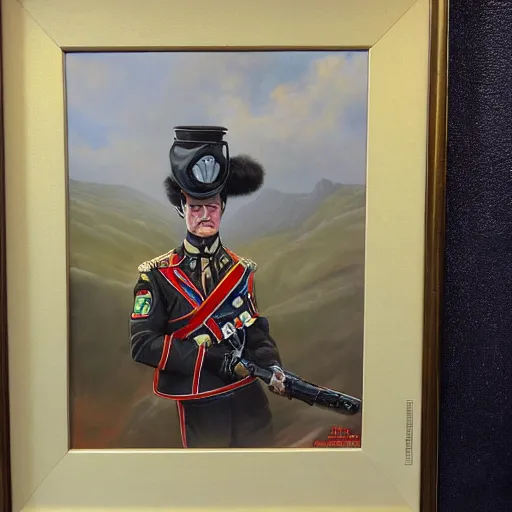 Prompt: peter elson painting of an decorated anthropomorphic dog in an army uniform