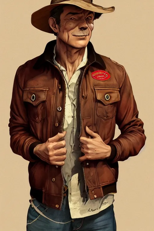 Image similar to character design, turnaround, 40's adventurer, unshaven, optimistic, stained dirty clothing, straw hat, riding boots, red t-shirt, dusty brown bomber leather jacket, detailed, concept art, photorealistic, hyperdetailed, 3d rendering , art by Leyendecker and frazetta,