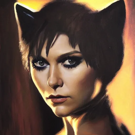 Image similar to ultra realistic portrait painting of nina dobrev as a cat burglar, art by frank frazetta, 4 k, ultra realistic, highly detailed, epic lighting.