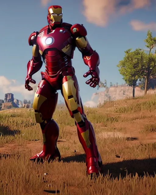 Image similar to robust and bulky iron man suit in red dead redemption 2, cinematic, photorealistic